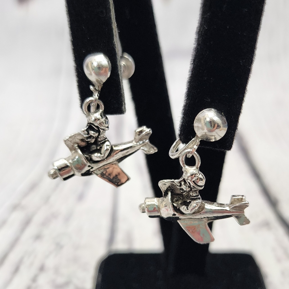 Vintage Unique‎ Silver Airplane Screwback Earrings